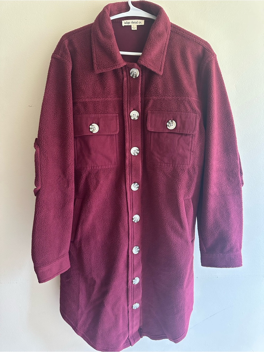 Indigo Thread Co. Long Button-Front Fleece Shacket - Burgundy